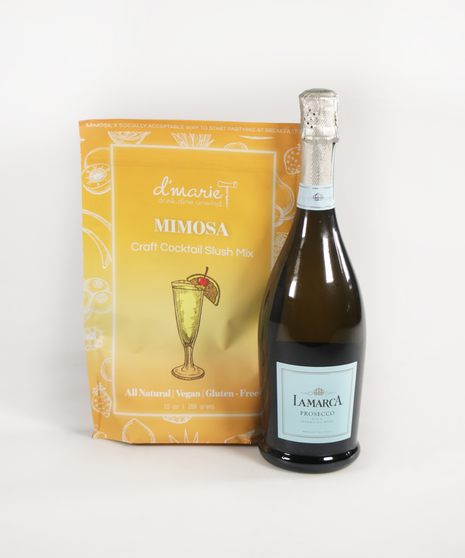 bottle of prossecco next to a yellow bag of mimosa cocktail slush mix