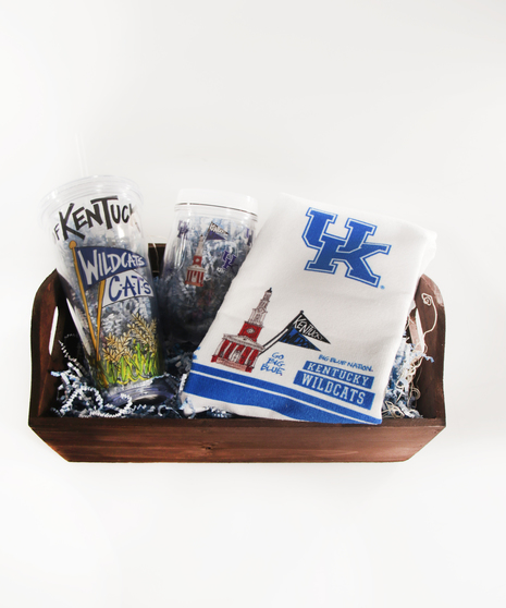 a University of Kentucky 16 oz, and an 8 oz cup, and a tea towel