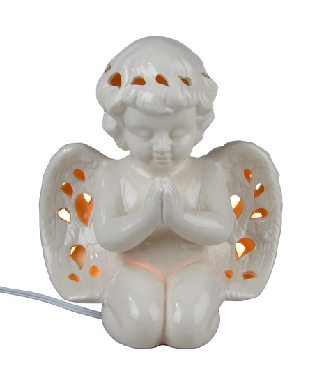 Lighted White Ceramic Cherub