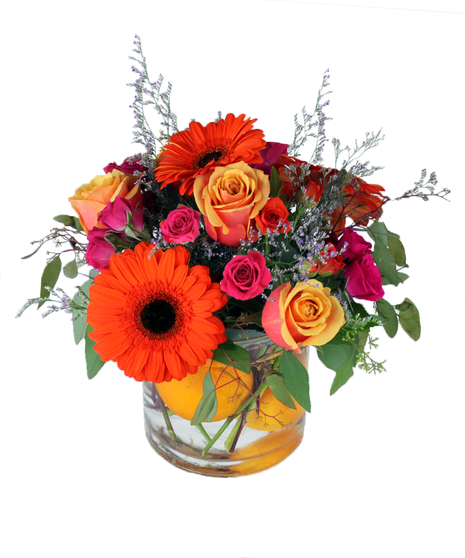 orange gerbers, roses, & pink mini-roses in cylinder vase with oranges in the water