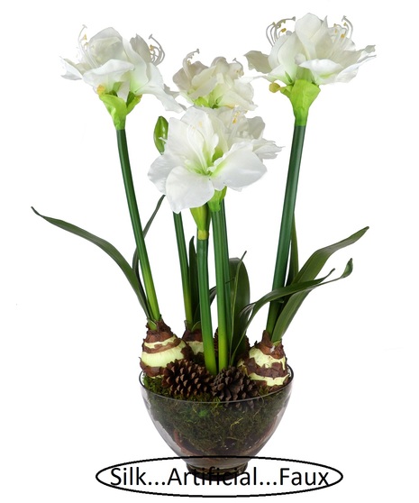 White Amaryllis in Bowl Vase   (Silk/Artificial)