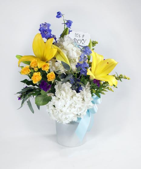 shades of blue, yellow, and white in blue ceramic vase