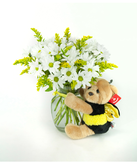 Love Bug~ Daisies Vase with Big Bee Bear