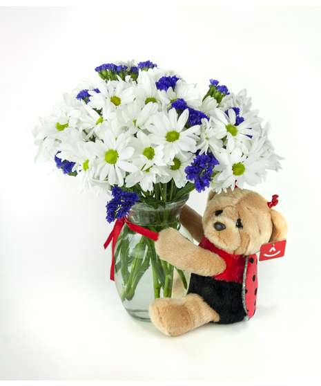 Love Bug~ Daisies Vase with Big Lady Bug Bear